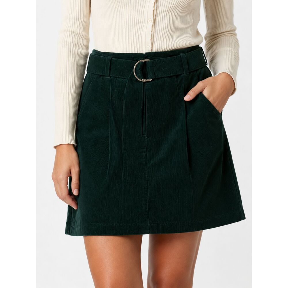 Cremieux Women's Forest Green Corduroy Mini Skirt Size 0 Belted Cotton Stretch